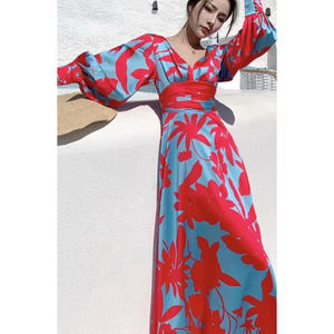 MICHEL LAPERLE blue red bright printed balloon sleeve maxi dress